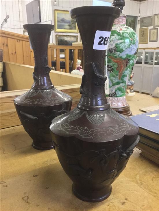 Pair of Japanese bronze bottle vases